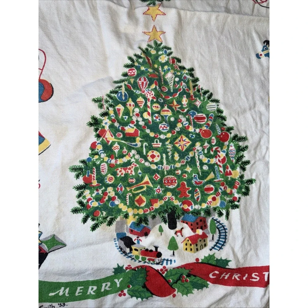 Christmas Tree Linen Tea Towel Train Toys Kitchen Green Red Vintage 1953 Smith